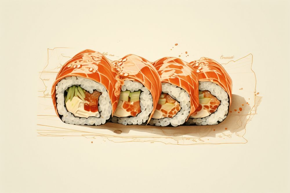 Sushi salmaon drawing food rice. AI generated Image by rawpixel.