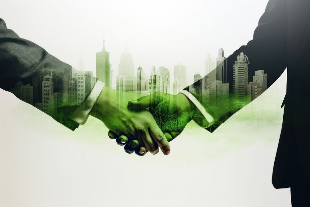 Hand shake silhouette with green city handshake adult togetherness. AI generated Image by rawpixel.