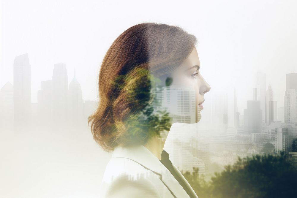 Woman business with city landscape and forest portrait photography outdoors. AI generated Image by rawpixel.