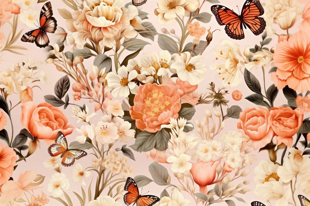 Floral wallpaper flower butterfly pattern. AI generated Image by rawpixel.