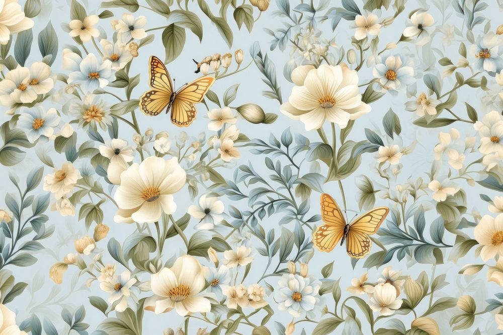 Floral wallpaper flower butterfly pattern. AI generated Image by rawpixel.