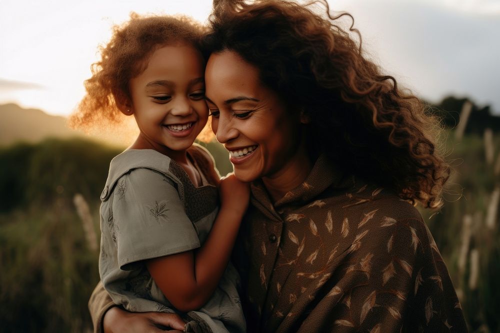 Samoan mother hug daughter laughing hugging nature. AI generated Image by rawpixel.