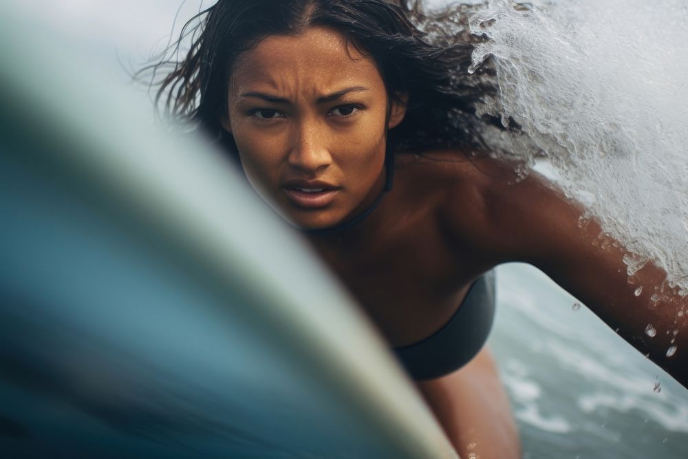 Asian woman surfer surfing adult wave sea. AI generated Image by rawpixel.