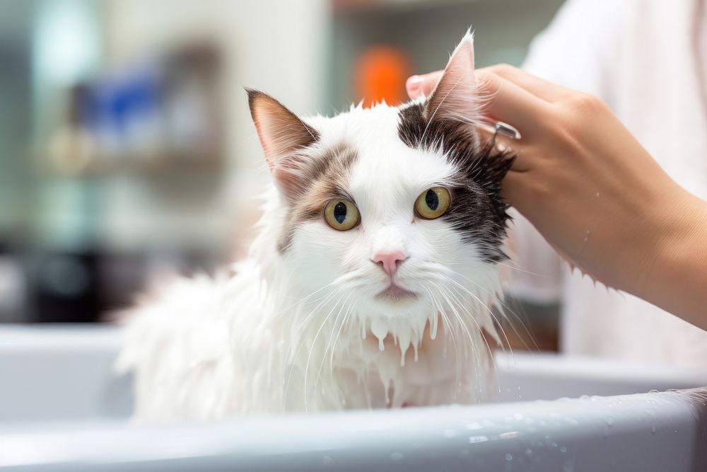 Vet assistant taking a cat bath mammal animal pet. AI generated Image by rawpixel.