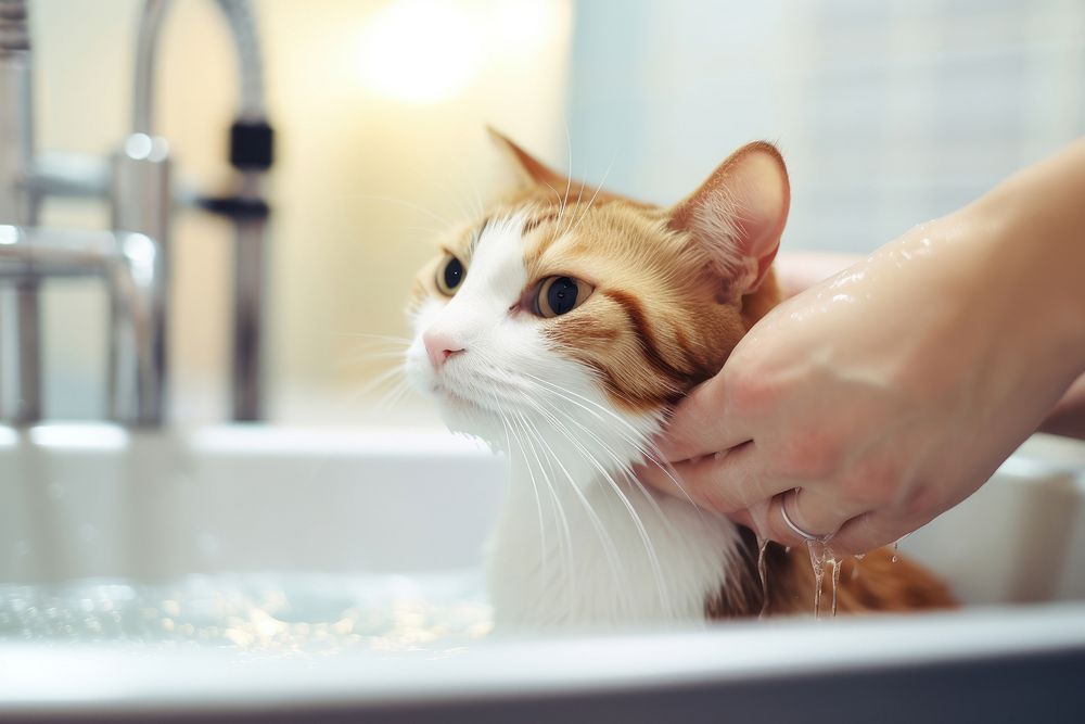 Vet assistant taking a cat bath animal mammal kitten. AI generated Image by rawpixel.
