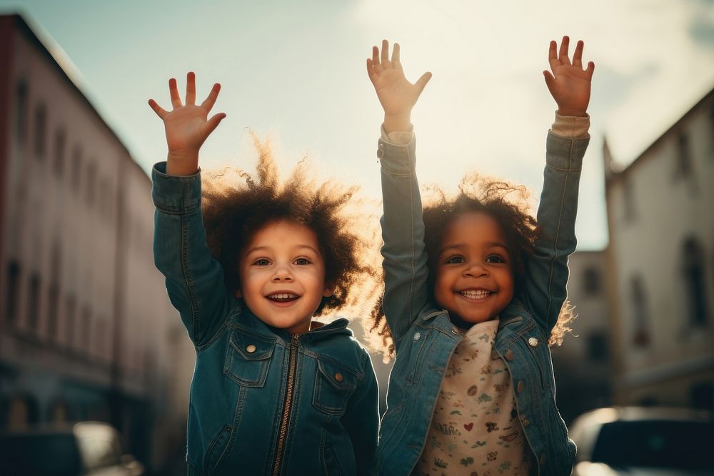 Kids raising hands portrait smile child. AI generated Image by rawpixel.