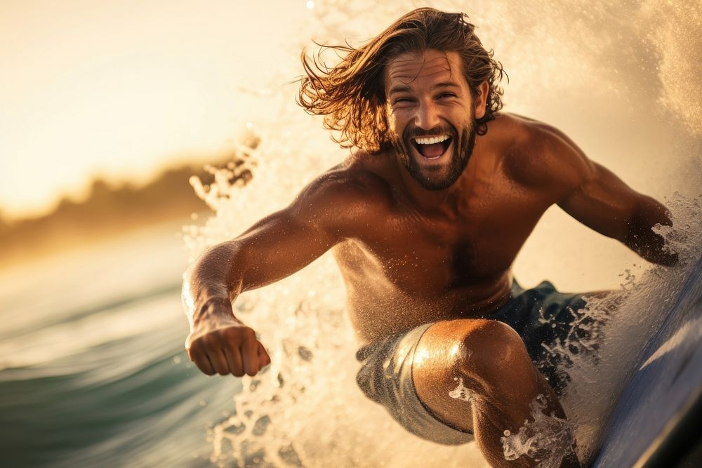 A man playing surf outdoors laughing sports. AI generated Image by rawpixel.