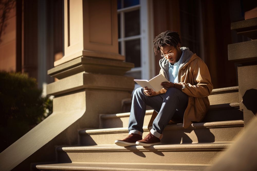 African American student reading footwear sitting book. AI generated Image by rawpixel.