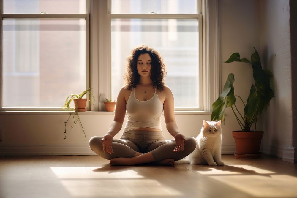 Chubby natural looking woman sitting meditating sports. AI generated Image by rawpixel.