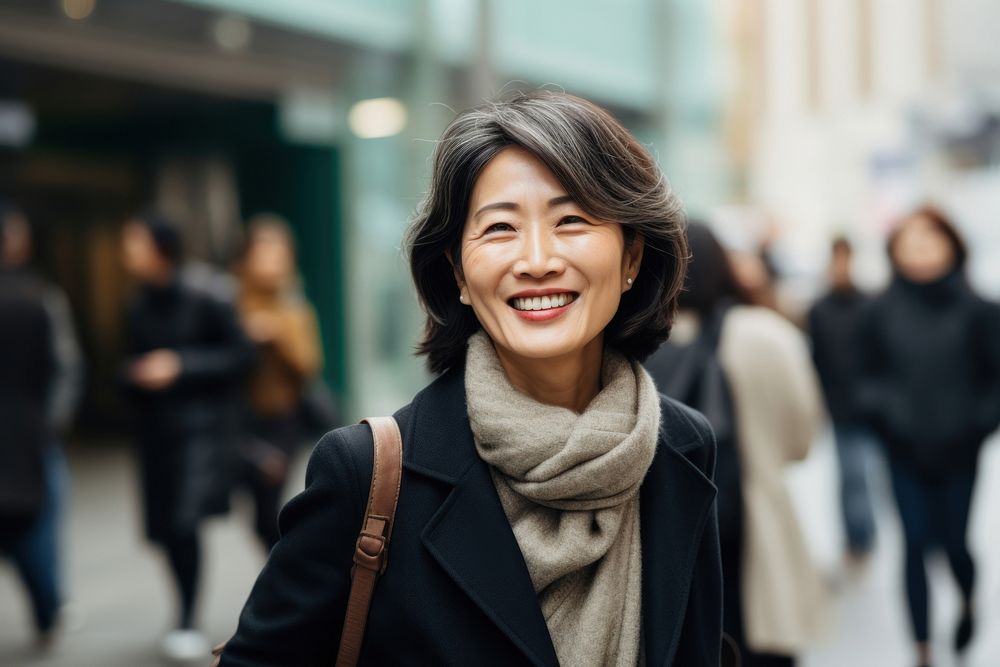 Japanese senior businesswoman walking adult scarf. AI generated Image by rawpixel.