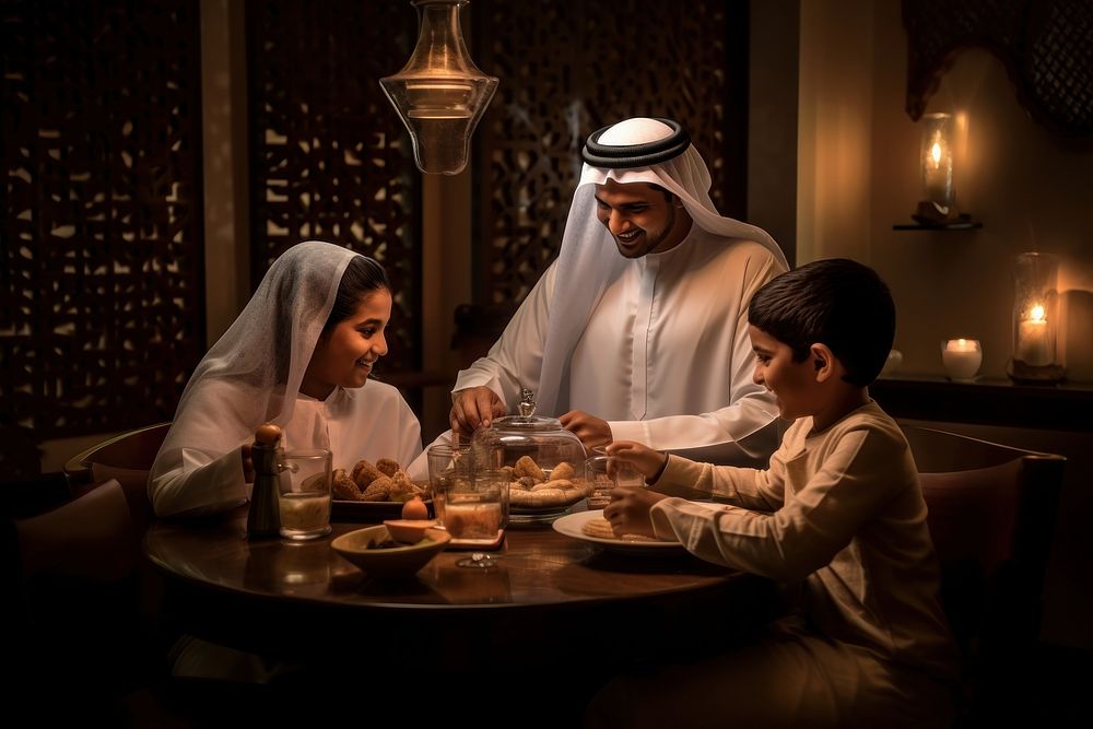 Qatari family food restaurant dinner. AI generated Image by rawpixel.