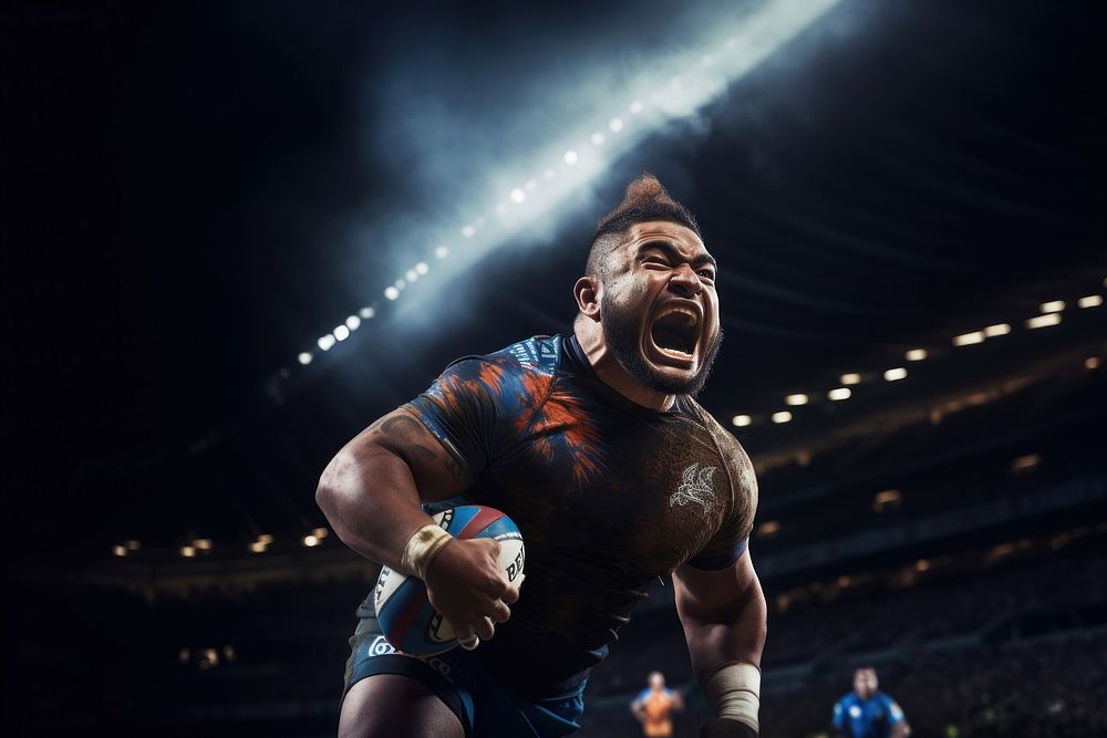Samoan man playing rugby sports stadium determination. AI generated Image by rawpixel.