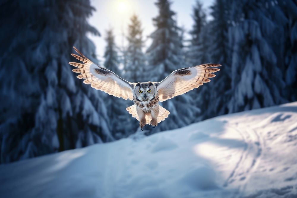 Owl flying landscape winter animal. AI generated Image by rawpixel.