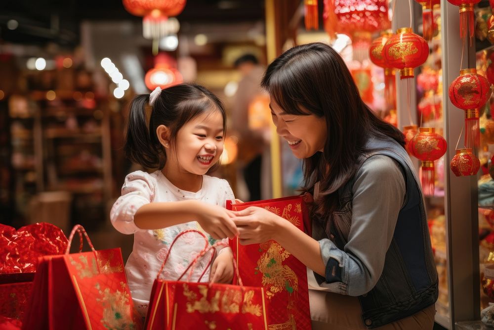 Chinese Lunar New Year festival shopping holding family. AI generated Image by rawpixel.