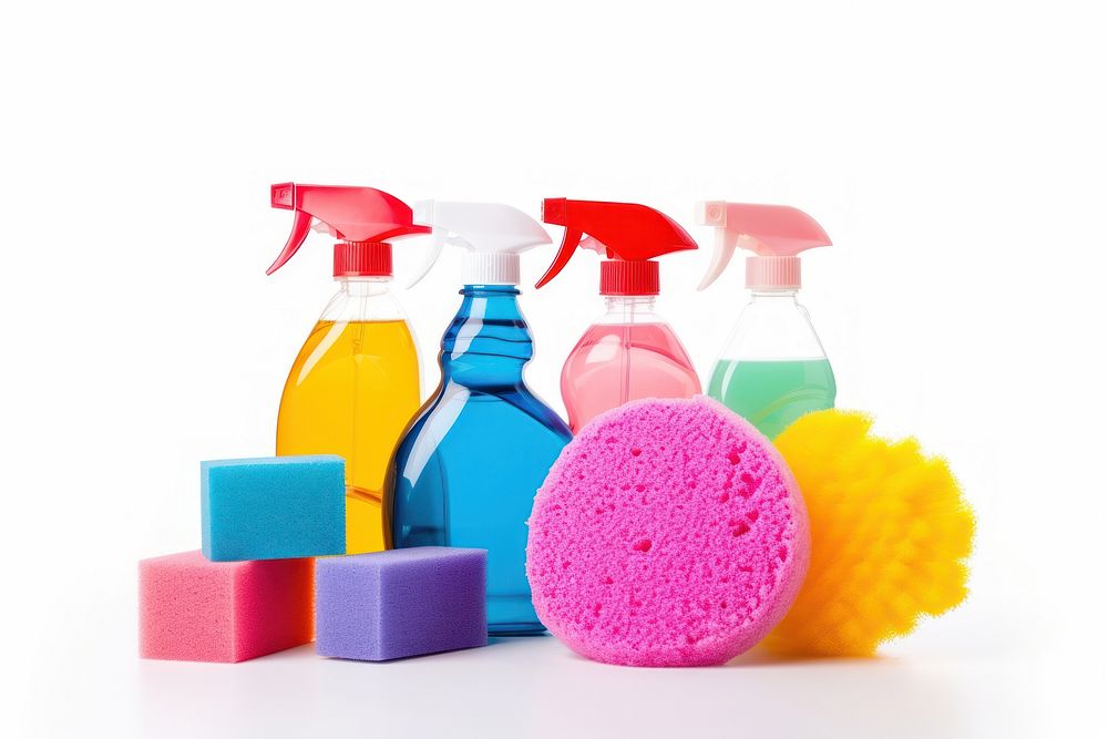 Cleaning bottles sponge white background container. AI generated Image by rawpixel.