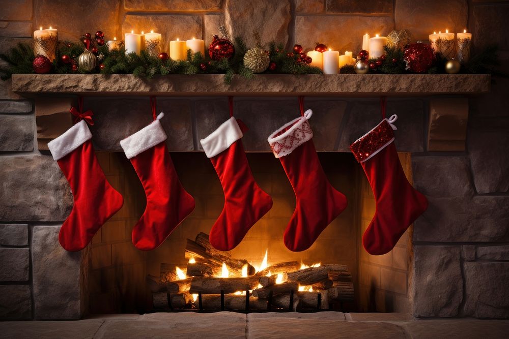Christmas stockings fireplace hanging hearth. AI generated Image by rawpixel.