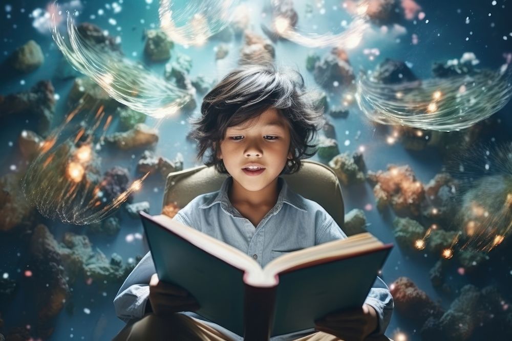 Asian kid reading book publication intelligence studying. AI generated Image by rawpixel.