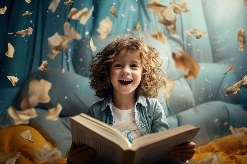 Kid reading book publication happiness enjoyment. AI generated Image by rawpixel.
