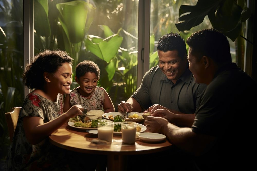 Micronesian family having dinner adult table food. AI generated Image by rawpixel.