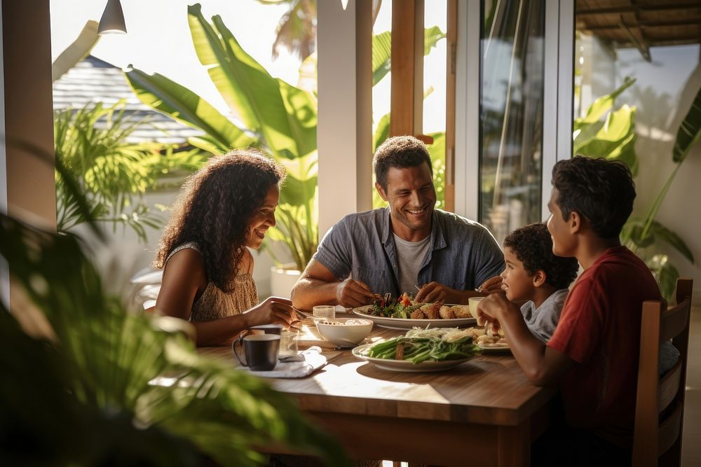 Micronesian family having dinner adult food day. AI generated Image by rawpixel.