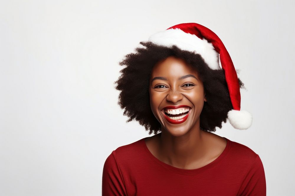 Happy african woman wearing Christmas Santa Claus hat christmas portrait laughing. AI generated Image by rawpixel.