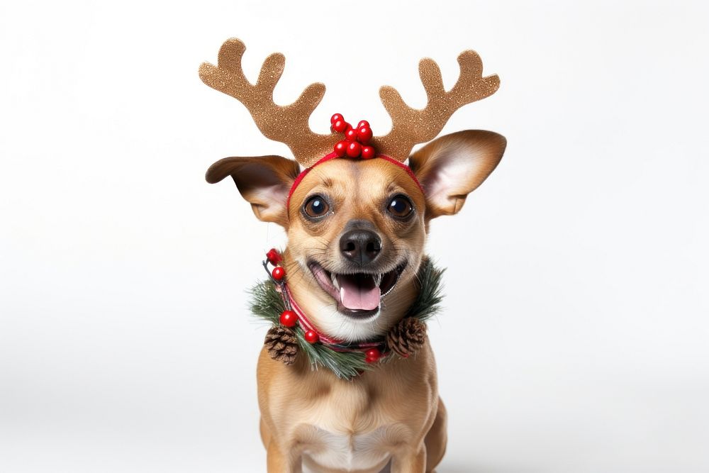 PNG Happy cute dog wearing reindeer antler headband christmas mammal animal. AI generated Image by rawpixel.
