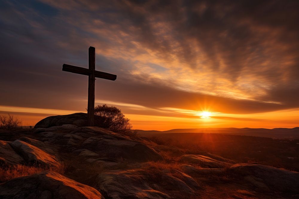 Religious cross atop hill outdoors horizon sunrise. AI generated Image by rawpixel.