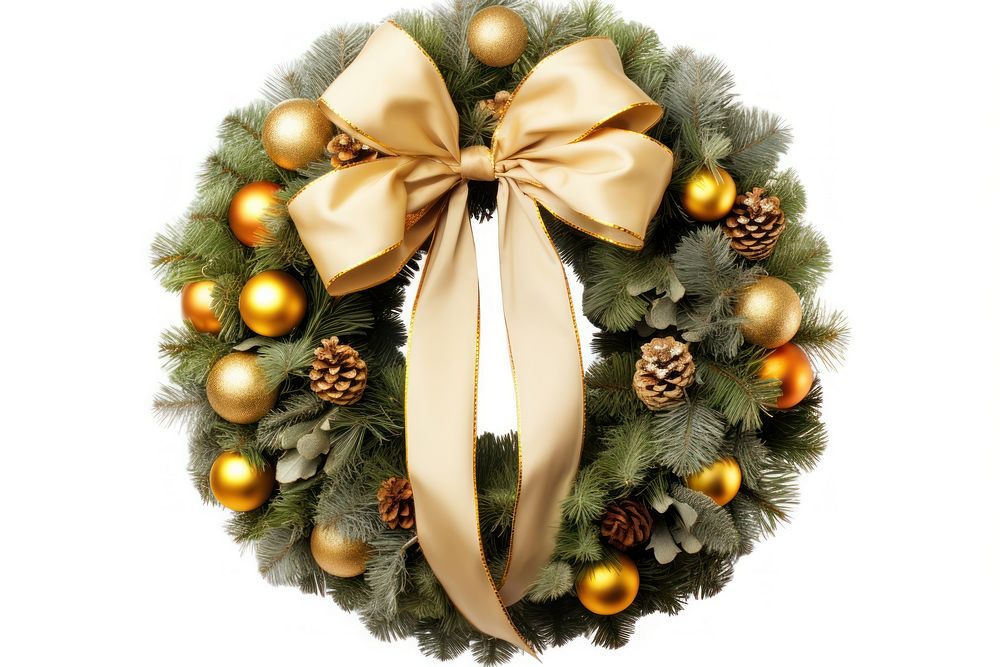 Christmas wreath ribbon gold white background. AI generated Image by rawpixel.