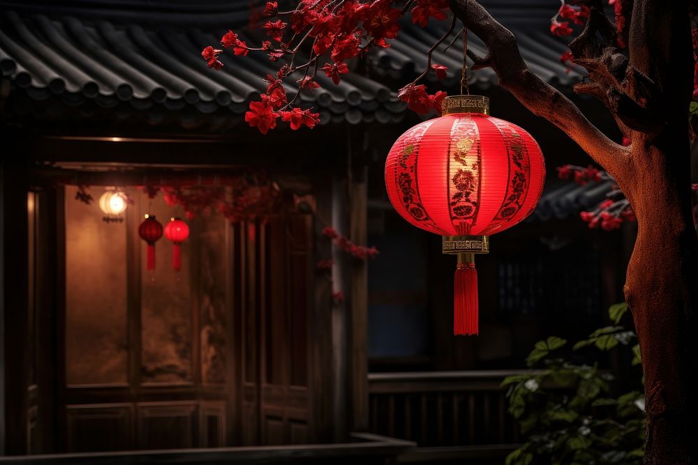 Red chinese lantern festival hanging night. AI generated Image by rawpixel.