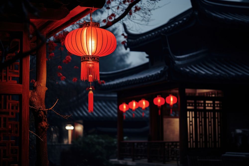 Red chinese lantern hanging night red. AI generated Image by rawpixel.