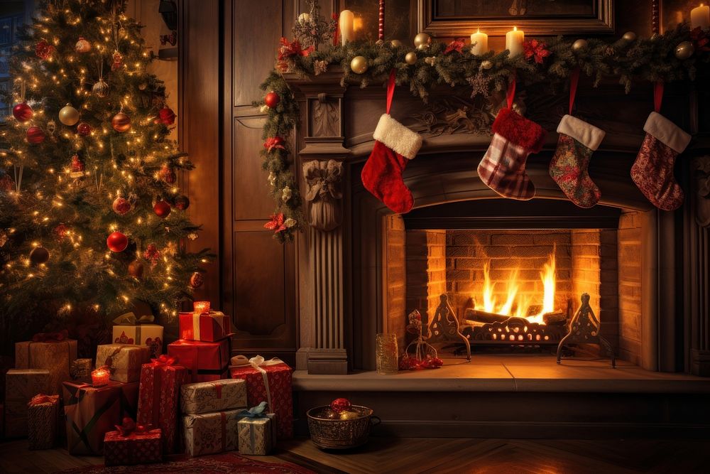 Chirstmas tree fireplace christmas hearth. AI generated Image by rawpixel.