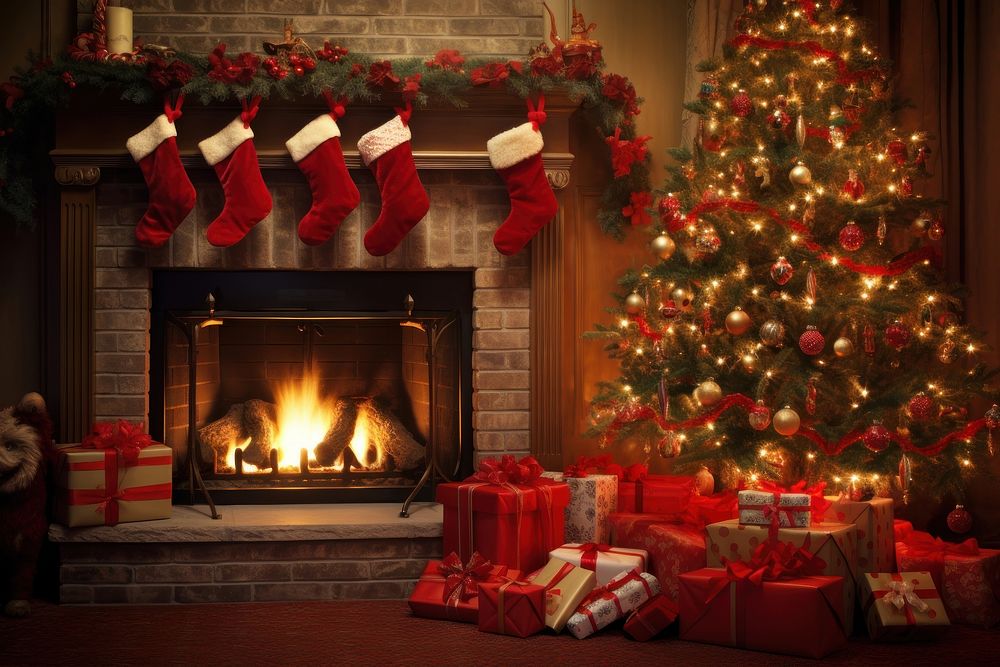 Chirstmas tree fireplace christmas hearth. AI generated Image by rawpixel.
