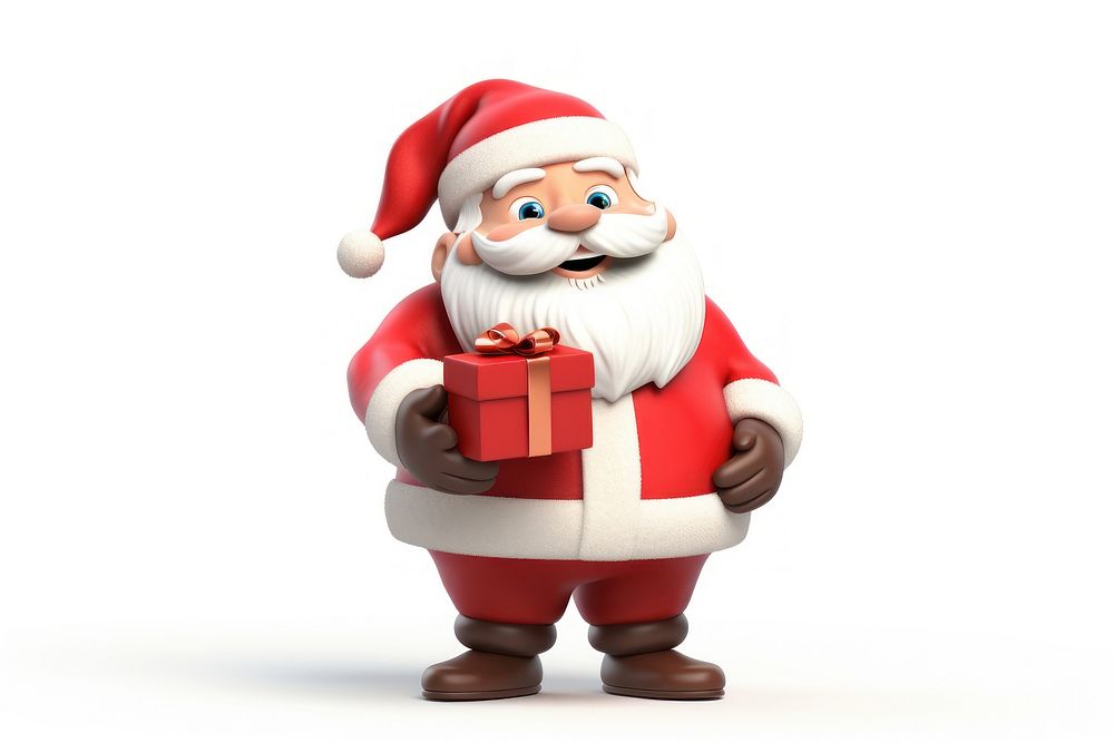 Santa Claus holding a gift box cartoon toy white background. AI generated Image by rawpixel.