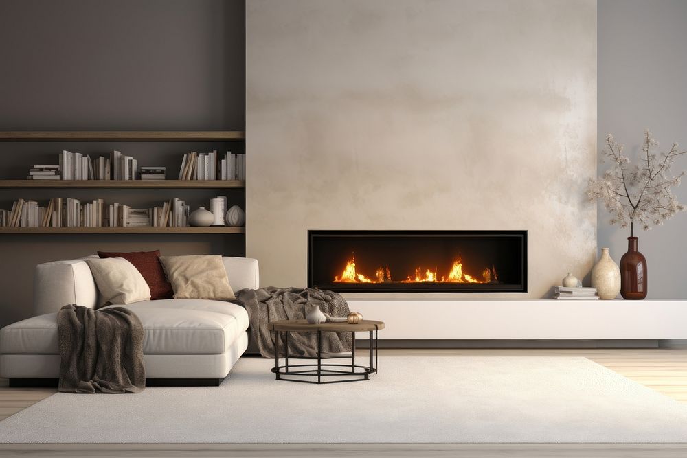 Empty modern living room fireplace architecture furniture. 