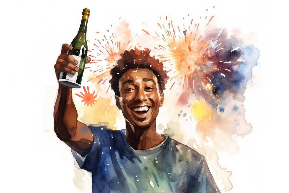 Black man holding a champagne glass fireworks portrait cartoon. AI generated Image by rawpixel.