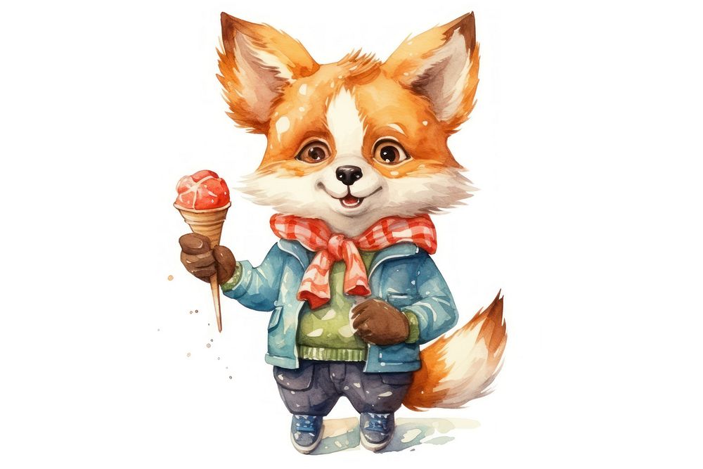 Fox student eating ice-cream cartoon white background representation. AI generated Image by rawpixel.