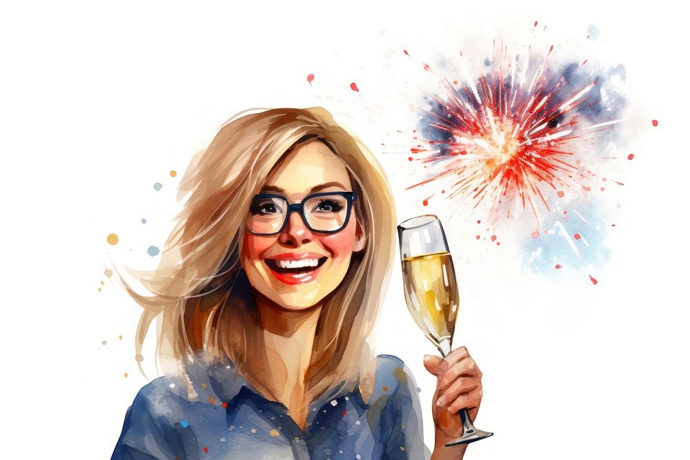 Happy woman holding a champagne glass fireworks portrait glasses. AI generated Image by rawpixel.