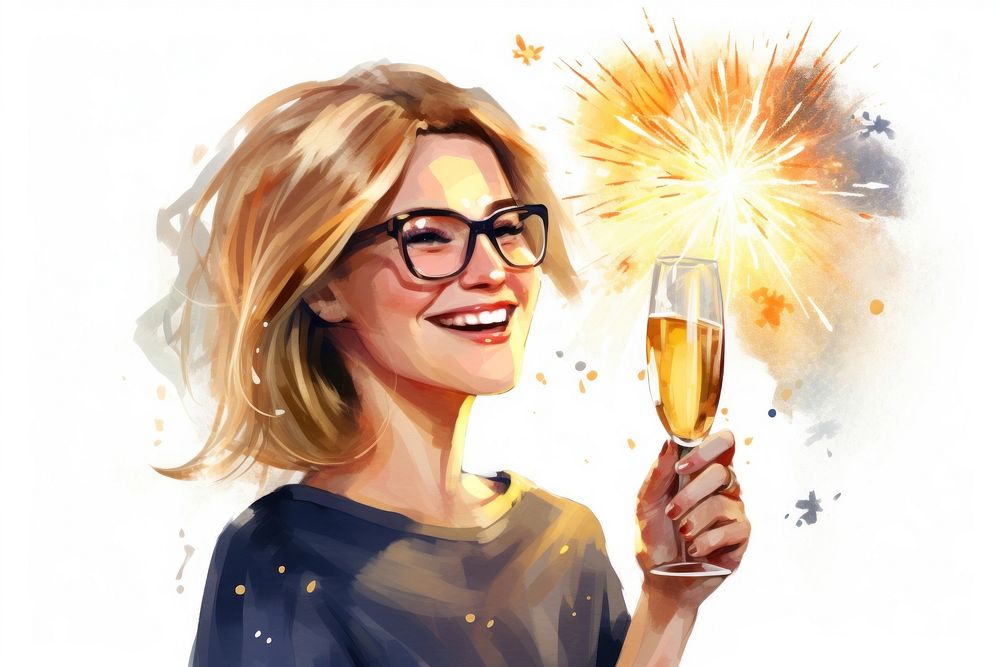 PNG Happy woman holding a champagne glass fireworks portrait glasses. AI generated Image by rawpixel.