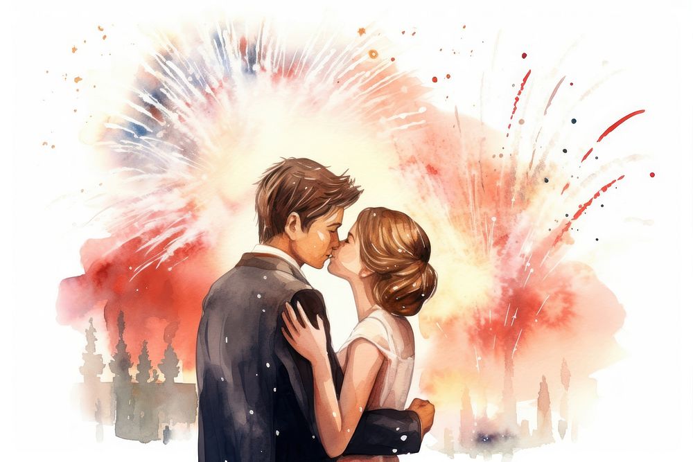 Kissing couple fireworks cartoon togetherness. AI generated Image by rawpixel.