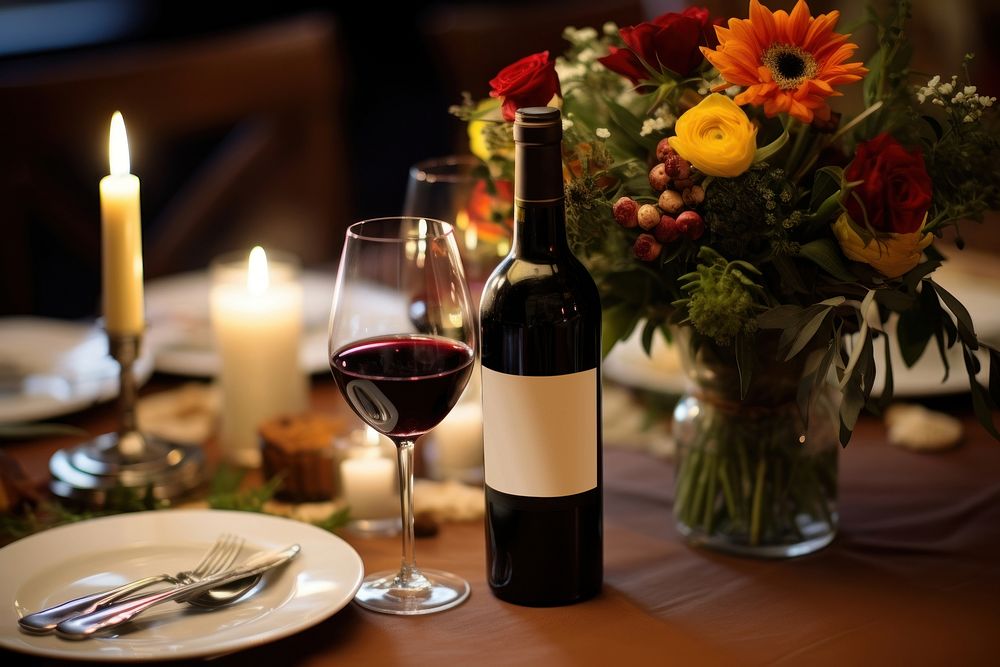 Wine bottle candle dinner flower. AI generated Image by rawpixel.