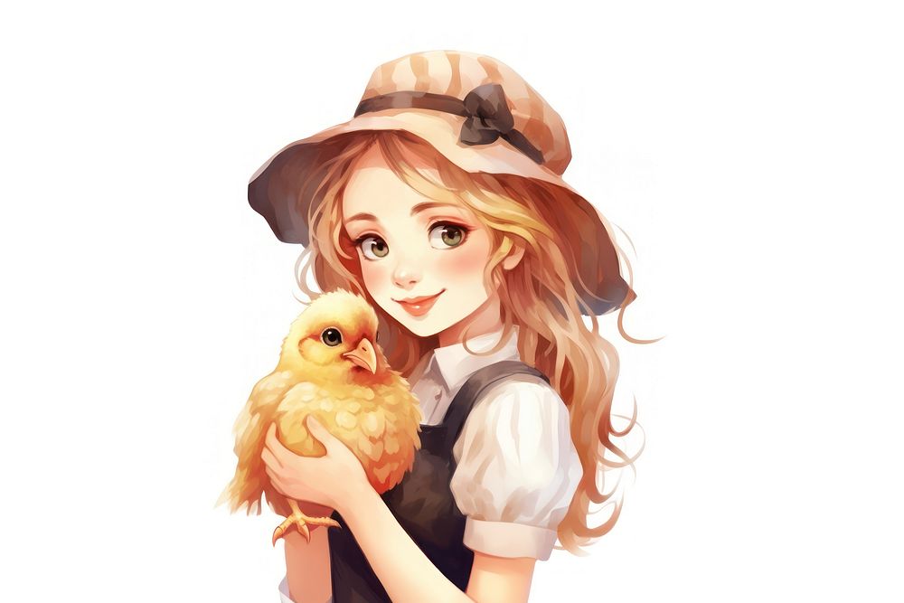 Farmer holding a chicken cartoon anime cute. AI generated Image by rawpixel.
