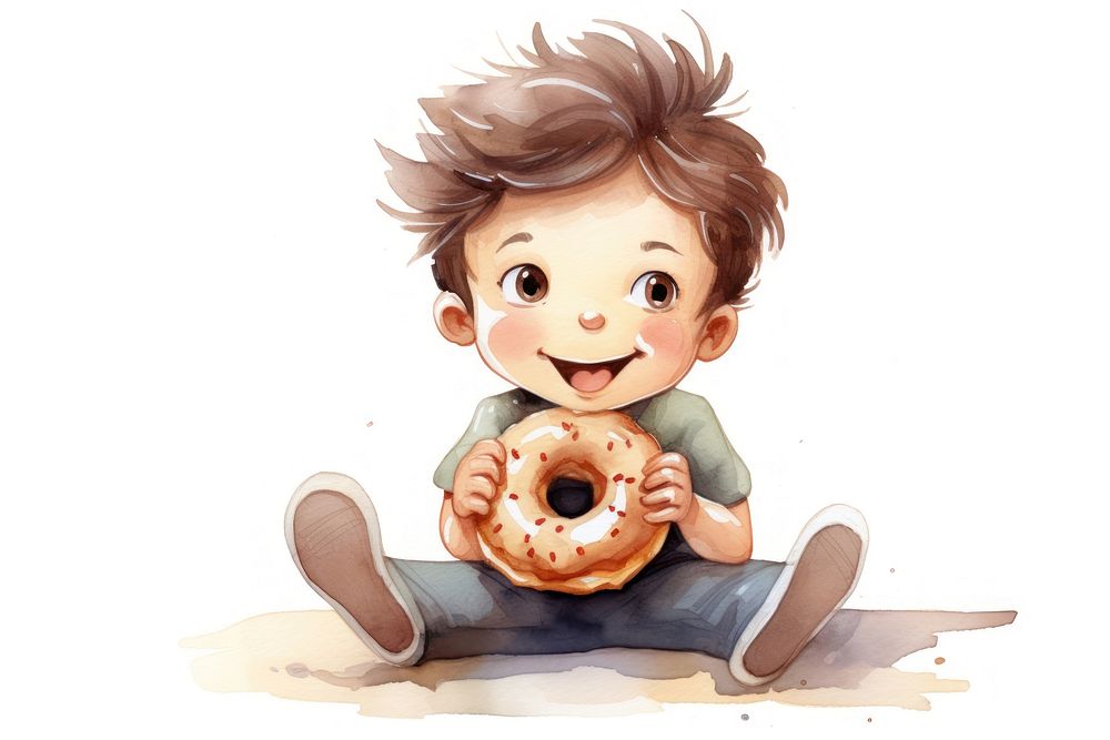 Littlr boy eating a donut cartoon bagel food. AI generated Image by rawpixel.