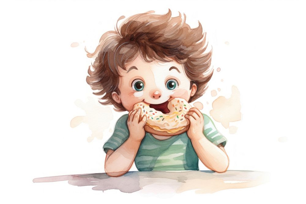 Littlr boy eating a donut portrait cartoon food. AI generated Image by rawpixel.