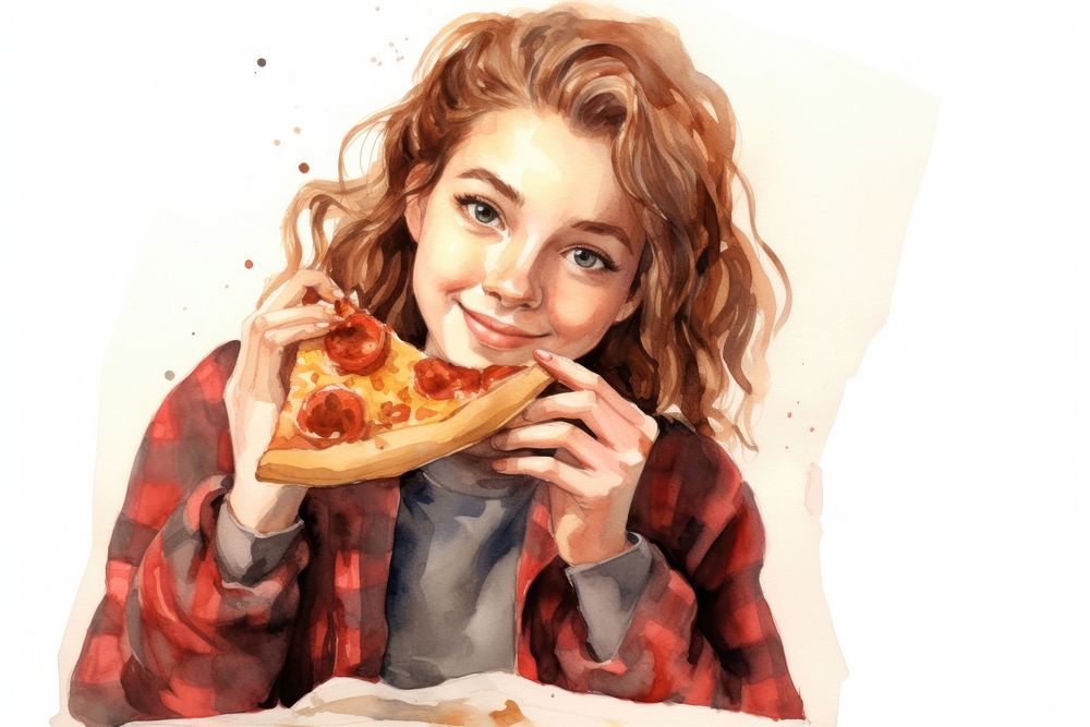 Teenage girl eating a pizza cartoon adult food. AI generated Image by rawpixel.