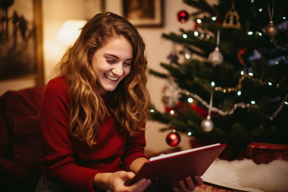 Girl having a Christmas video call christmas adult happy. 