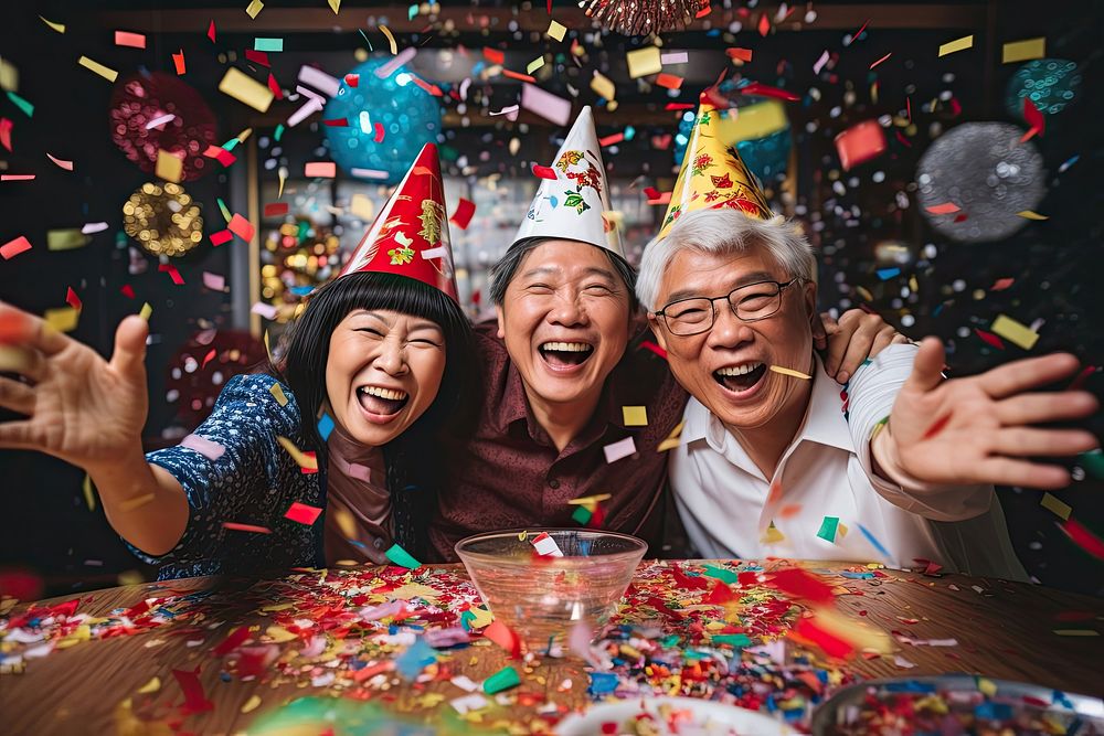 Family celebrating together party confetti adult. AI generated Image by rawpixel.