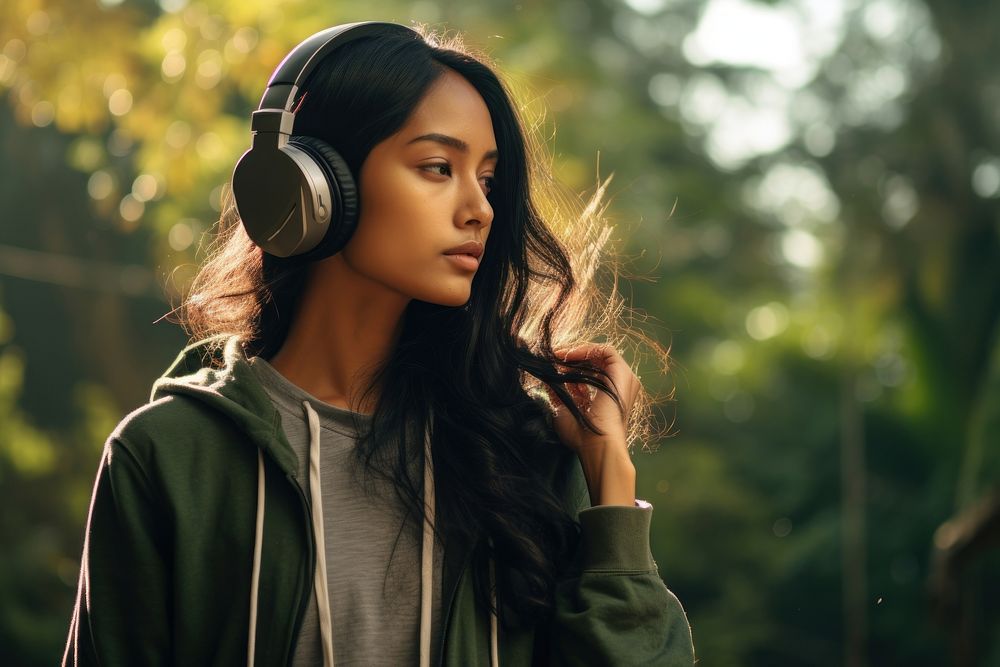 Indonesian woman headphones listening headset. AI generated Image by rawpixel.