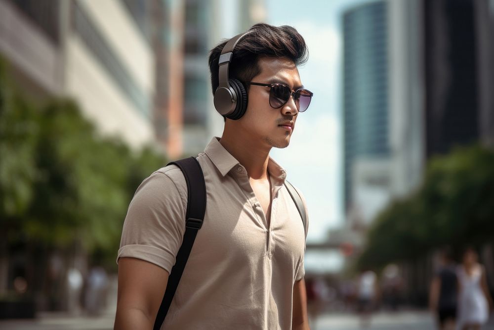 Singaporean man headphones sunglasses headset. AI generated Image by rawpixel.