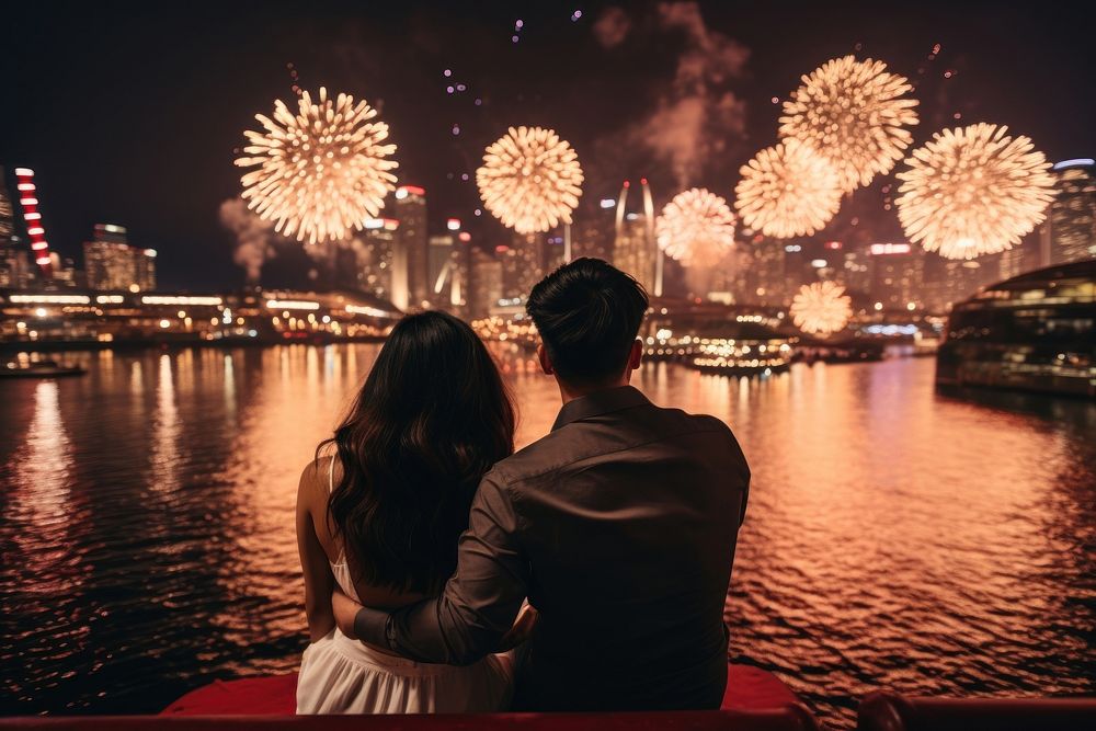 Singaporean couple architecture celebration fireworks. AI generated Image by rawpixel.
