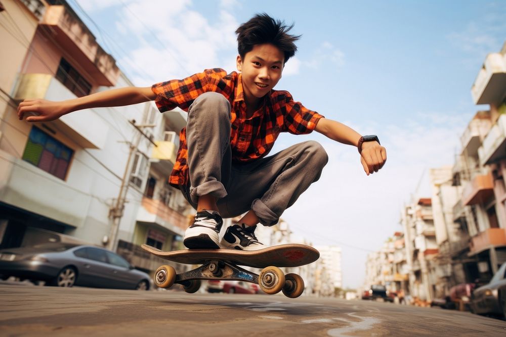 Teenage Vietnamese boy skateboard city transportation. AI generated Image by rawpixel.